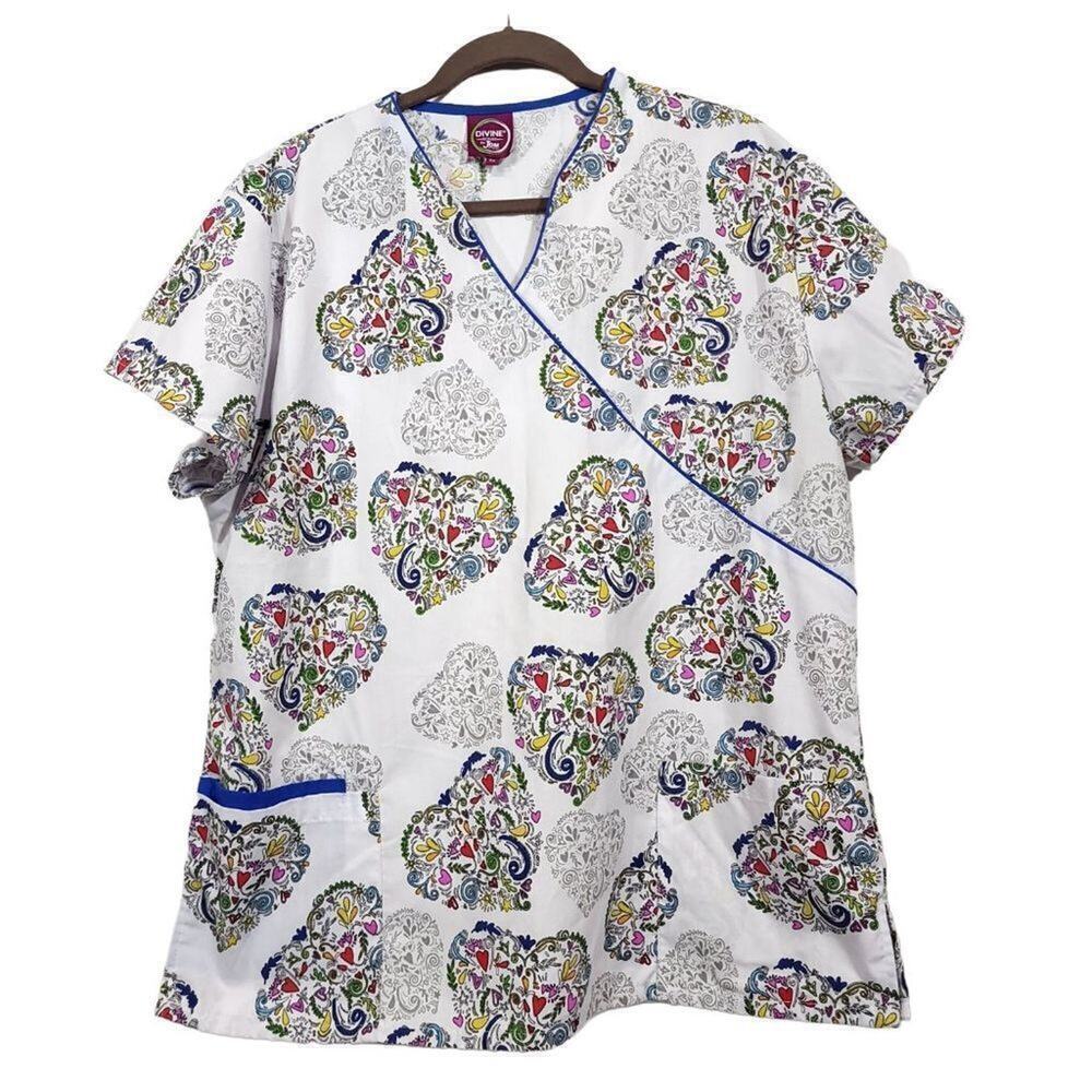 Divine Scrub Top Size 2x Jdm Scrubs Nurse Nursing Shirt Top Work White Hearts  